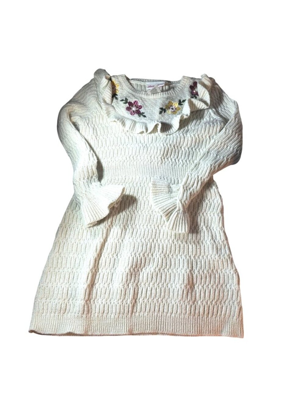 Little Lass Girls 4T Ivory Knit Dress Embroidered Flowers Ruffle Neckline